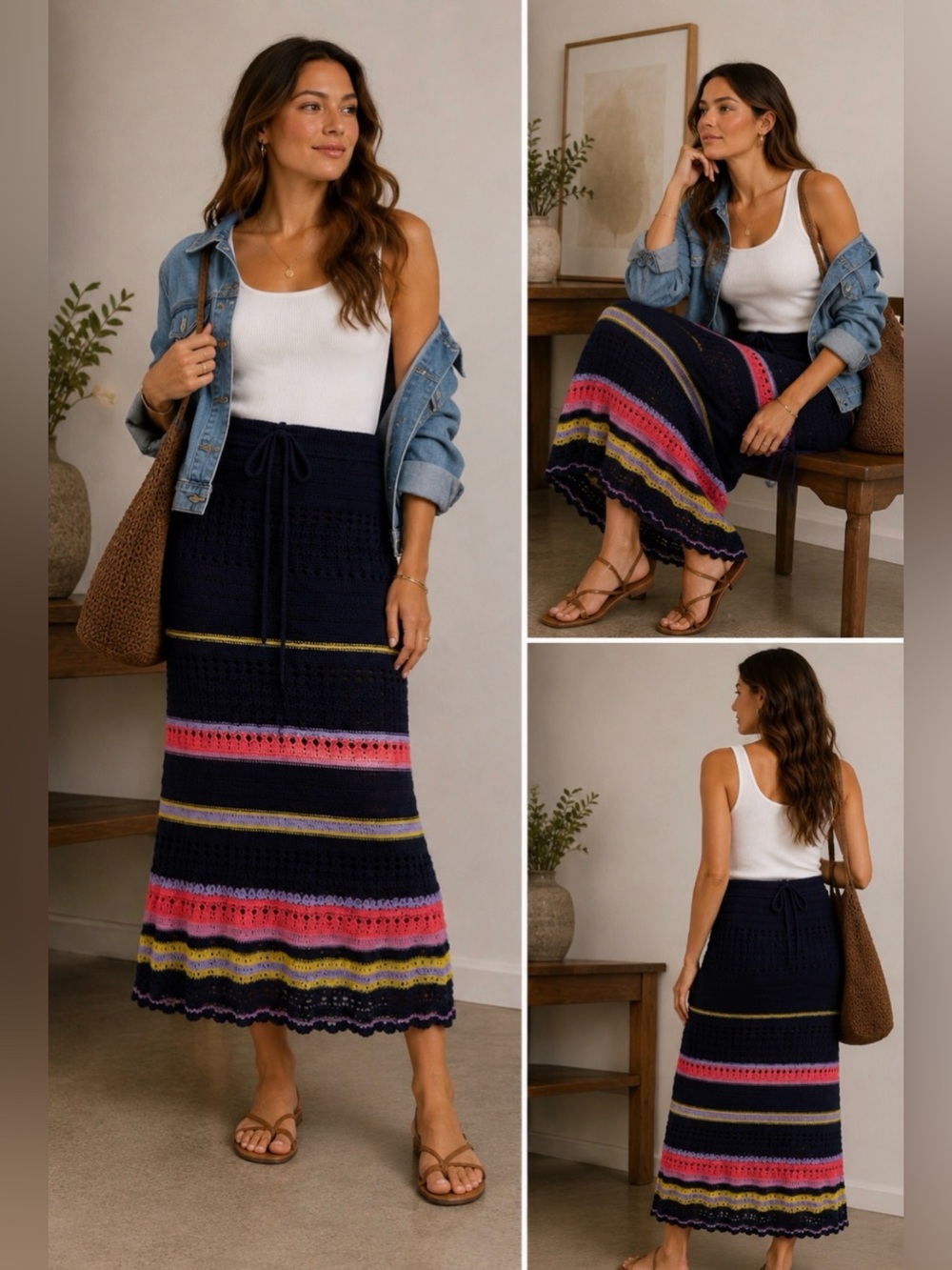 Maeve Anthropologie Crochet Maxi Skirt Lined Drawstring Size Medium